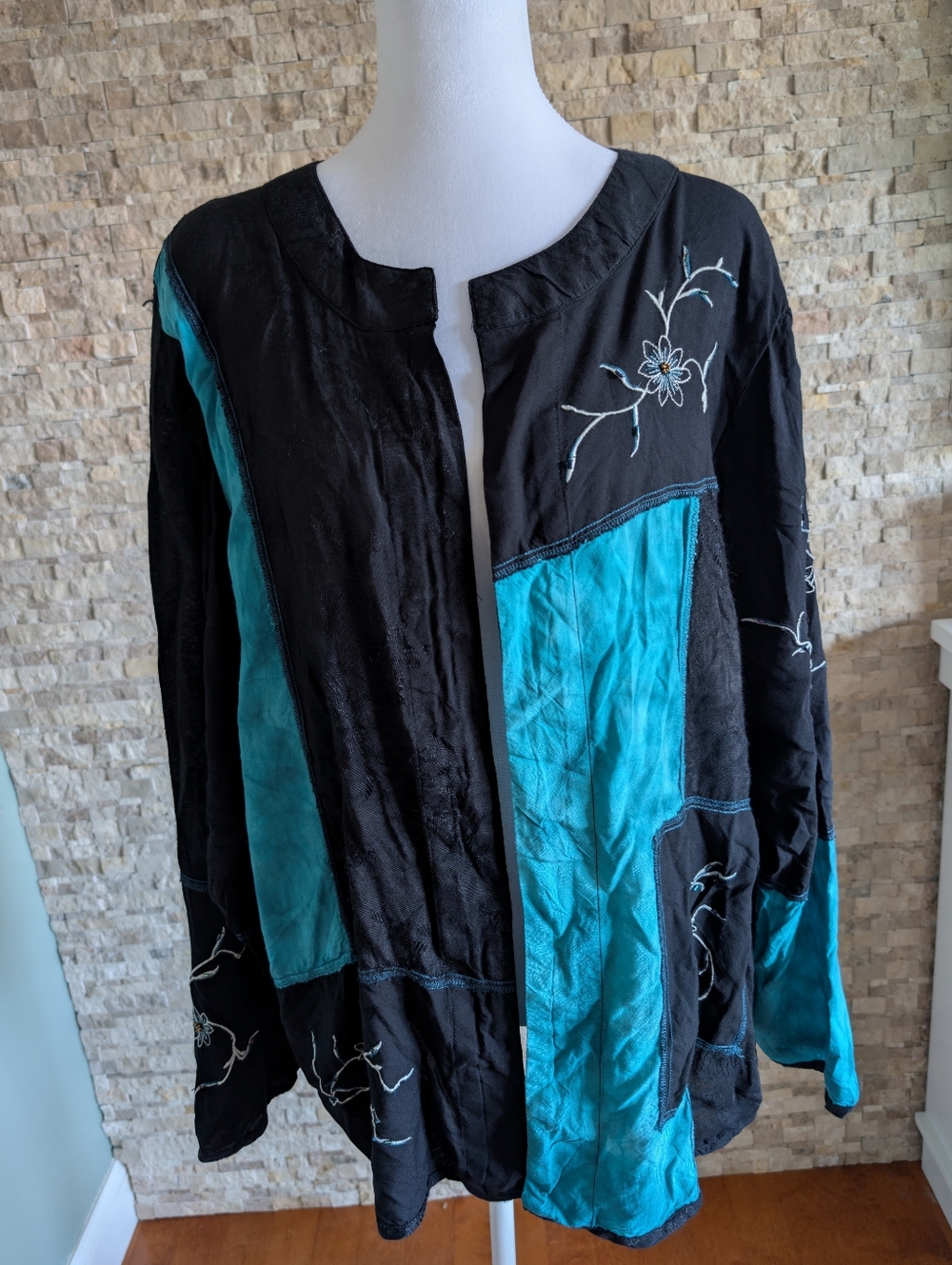 Vintage Beaded Patchwork Open Shirt Top 2X Black Teal Embroidered Artsy Boho